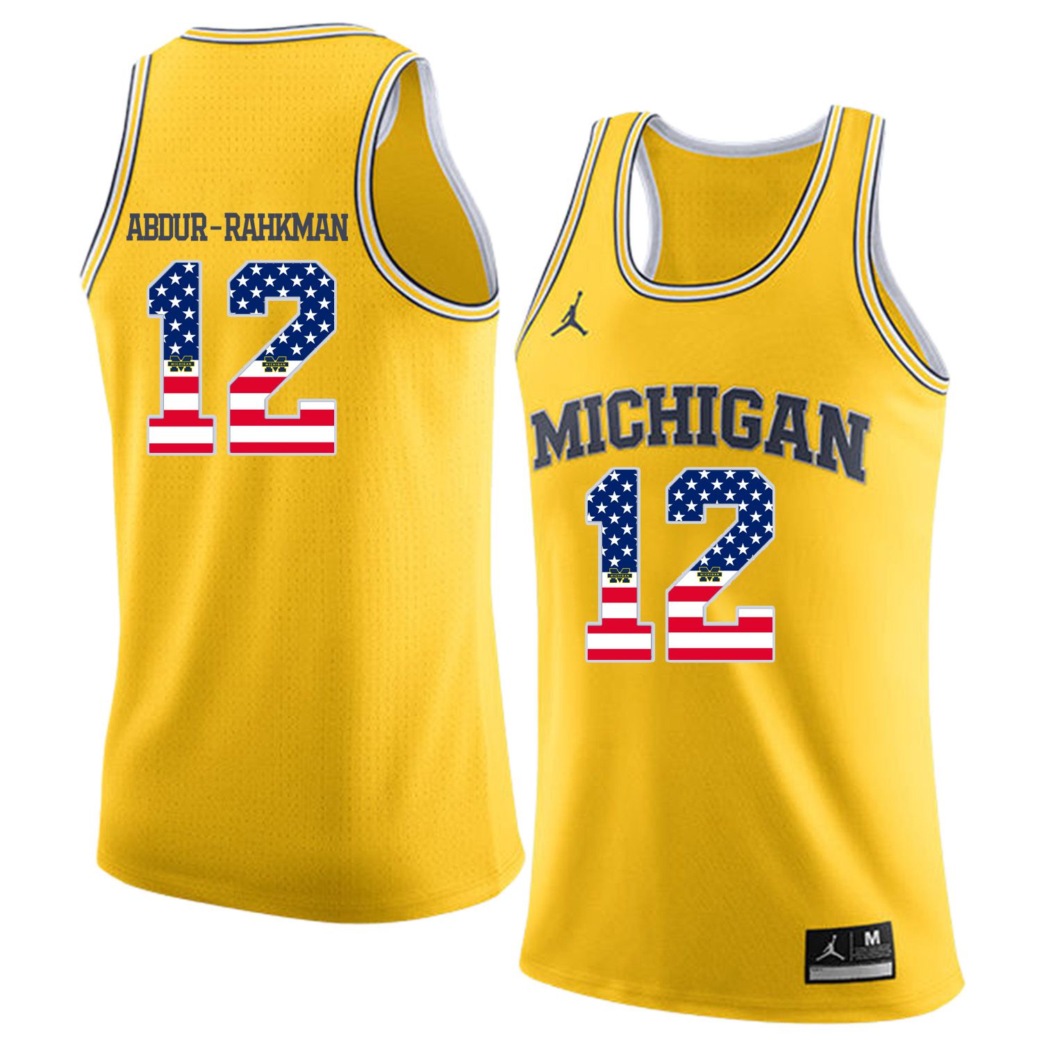 Men Jordan University of Michigan Basketball Yellow #12 Abdur-Rahkman Flag Customized NCAA Jerseys
